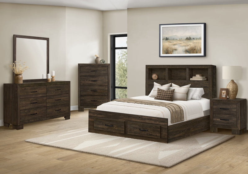 Ethan Storage Bed with Bookcase Headboard, Rustic Brown - Queen Size