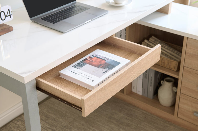 Owen 55\" Reversible Corner Office Desk with 4-Drawers & Cubbies – Faux White Marble and Weathered White