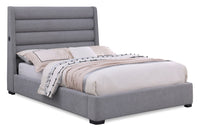 Jade Upholstered Platform Bed with USB Ports in Grey Fabric - Queen Size 