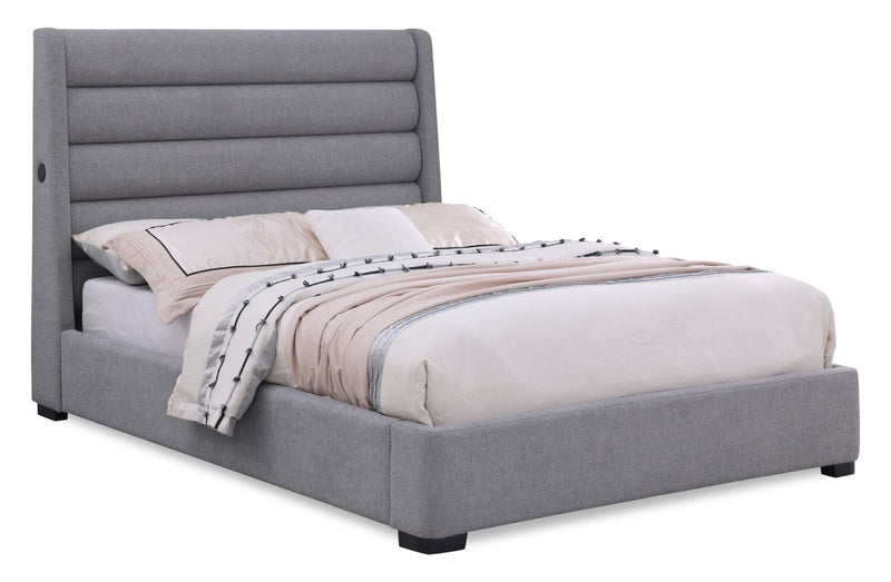 Jade Upholstered Platform Bed with USB Ports in Grey Fabric - Queen Size