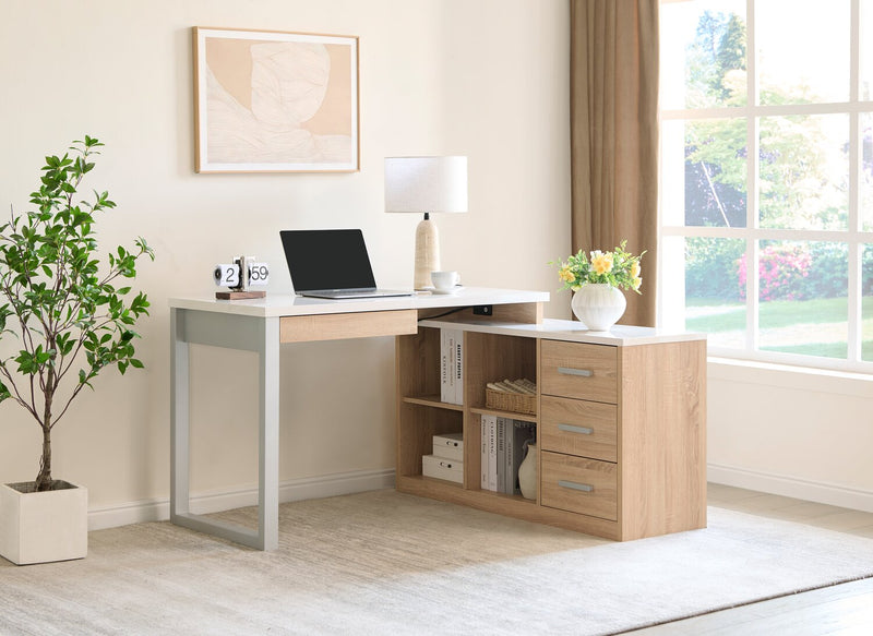 Owen 55\" Reversible Corner Office Desk with 4-Drawers & Cubbies – Faux White Marble and Weathered White