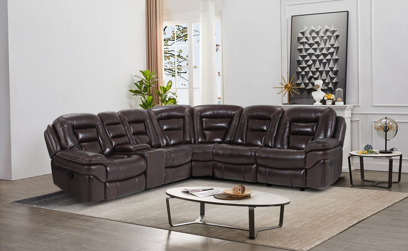 Leo 6-Piece Genuine Leather Reclining Sectional with Storage Console and Dual Cupholders - Walnut Brown