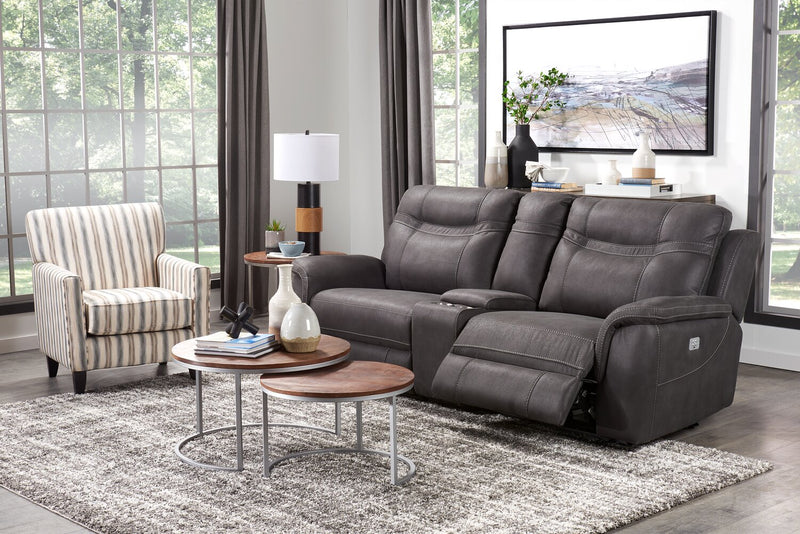 Floy 99\" Faux Suede Power Reclining Loveseat with Power Headrests, Storage Console and USB Ports - Grey