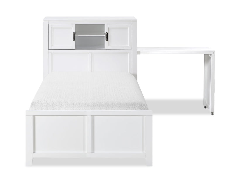 Quinn Platform Bed with Bookcase Headboard, Built-in Desk & Stool, White - Twin Size