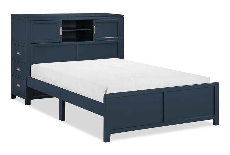 Quinn Platform Bed with Bookcase Headboard, Built-in Desk & Stool, Blue - Full Size