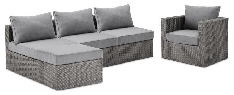 Morris 5-Piece Outdoor Patio Set with 3 Armless Chairs, Ottoman & Chair - Hand-Woven Resin Wicker, Olefin Fabric, UV & Weather Resistant - Grey