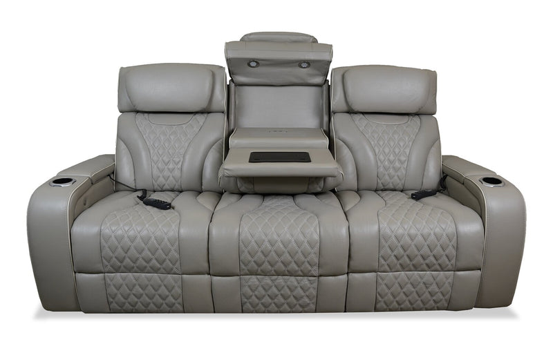 Elite 86\" Genuine Leather Massage Power Reclining Sofa with Immersive Audio and Power Headrests - Putty