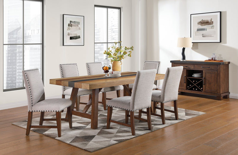 Boden 7pc Dining Set with Table & 6 Nailhead Trim Chairs, Trestle Base, 78\"W - Brown & Beige