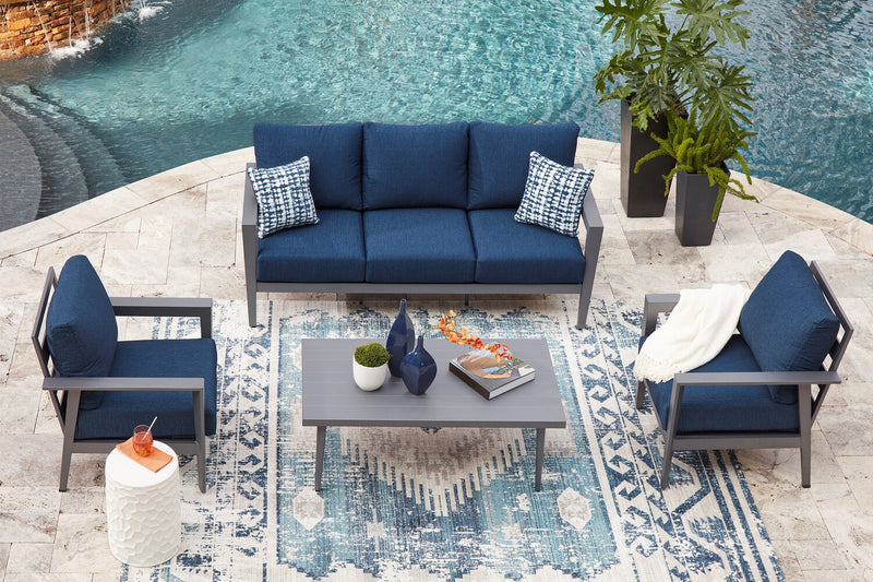 Barrie 4-Piece Outdoor Patio Set with Sofa, 2 Chairs and Table - Aluminum, UV & Weather Resistant  - Blue & Grey