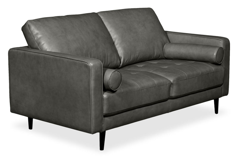 Edge 70\" Genuine Leather Loveseat with Wood Legs and Removable Back Cushions - Grey