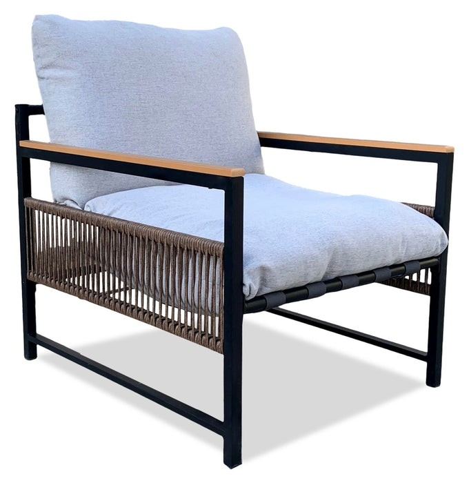 Vegas 4-Piece Outdoor Patio Set with Loveseat, 2 Chairs & Coffee Table - Resin Rope Wicker, UV & Weather Resistant - Grey/Black