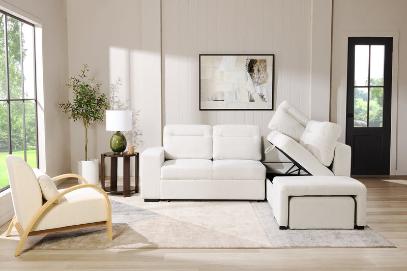 Coast 3-Piece Right-Facing Ivory White Fabric Sleeper Sectional with Storage Chaise and Storage Armrest