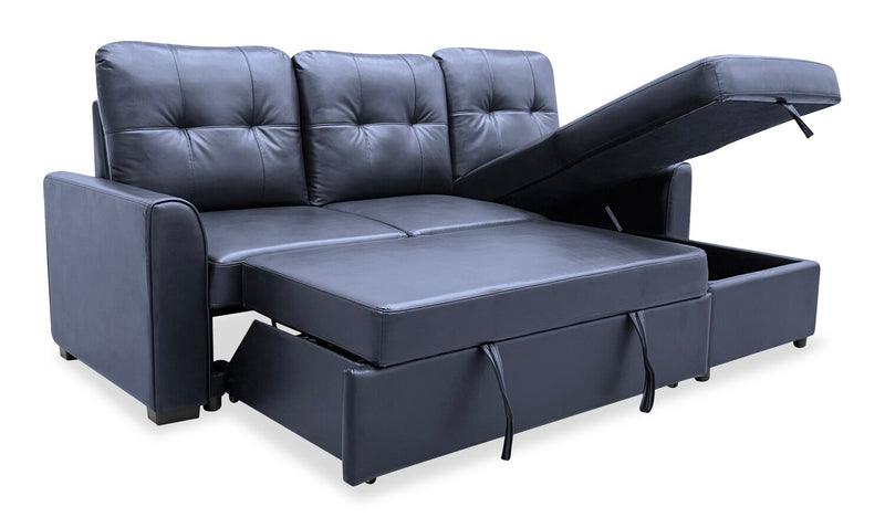 Carter 2-Piece Right-Facing Leather-Look Fabric Sleeper Sectional with Storage Chaise - Black