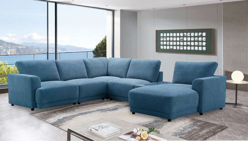 Voyage Modular 6-Piece Right-Facing Fabric Sectional with Console and Removable Back Cushions – Blue