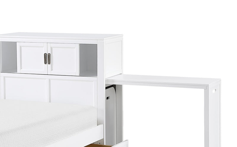 Quinn Platform Bed with Bookcase Headboard, Built-in Desk & Stool, White - Twin Size