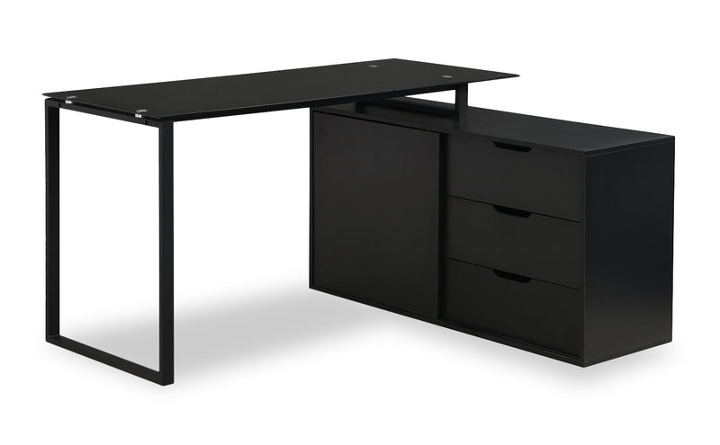 Daniel 55.11\" Glass-Top L-Shaped Desk with Storage - Black
