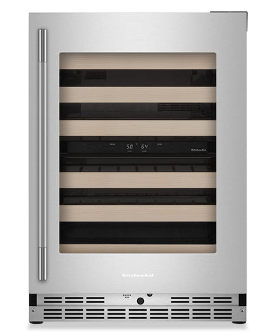 Kitchenaid® 24" Undercounter Wine Cellar with Full-Extension Wood-Front Racks - Stainless Steel - KUWR524SPS | Cellier à vin KitchenAid de 24 po sous le comptoir avec grilles à extension complète à devant en bois - acier inoxydable - KUWR524SPS