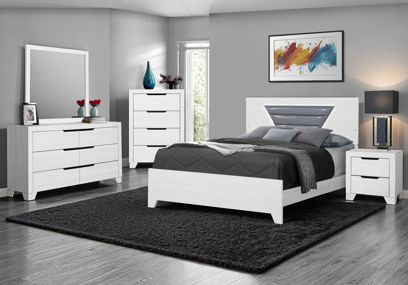 Elite 6pc Bedroom Set with Bed, Dresser, Mirror & Nightstand, LED, Modern, White - Queen Size
