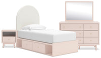 Lola 6pc Bedroom Set with Storage Bed, Dresser, Mirror & Nightstand, Boucle Fabric & Blush - Twin Size 