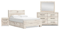 Derekson 6pc Bedroom Set with Side Storage Bed, Dresser, Mirror & Nightstand, Rustic White - Queen Size 