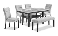 Libra 6pc Dining Set with Table, Bench & 4 Chairs, Marble-Look Top, 60