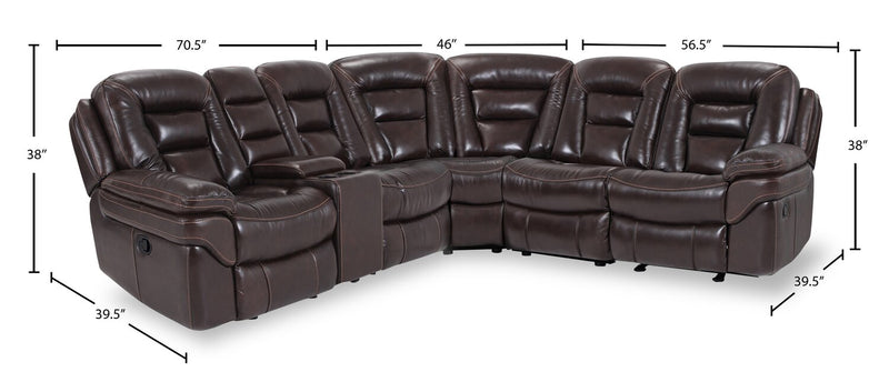 Leo 6-Piece Genuine Leather Reclining Sectional with Storage Console and Dual Cupholders - Walnut Brown