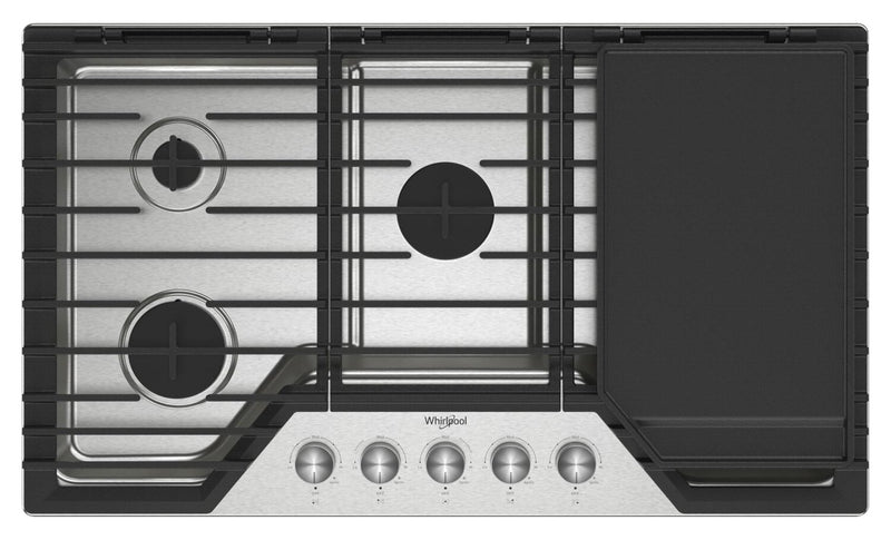 Whirlpool 36\" Gas Cooktop with 2-in-1 Hinged Grate to Griddle - WCGK7536PS