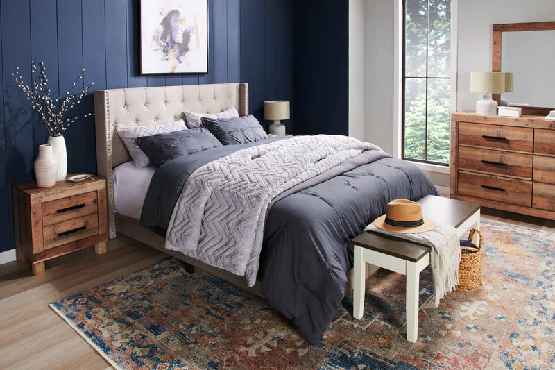 Brady Upholstered Wingback Bed in Light Grey Fabric with Nailhead Design, Button Tufted - King Size