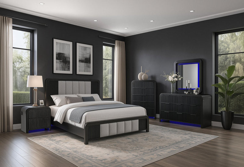 Kaleo 5pc Bedroom Set with Bed, Dresser & Mirror, LED, Modern, Black - King Size
