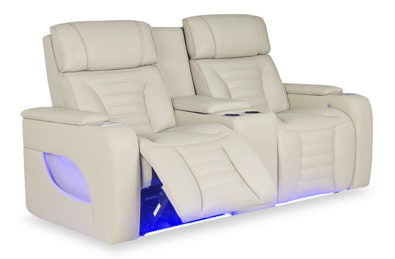 Zen 75.5\" Leather-Look Fabric Power Reclining Massage Loveseat with Refrigerator Console - Apricot