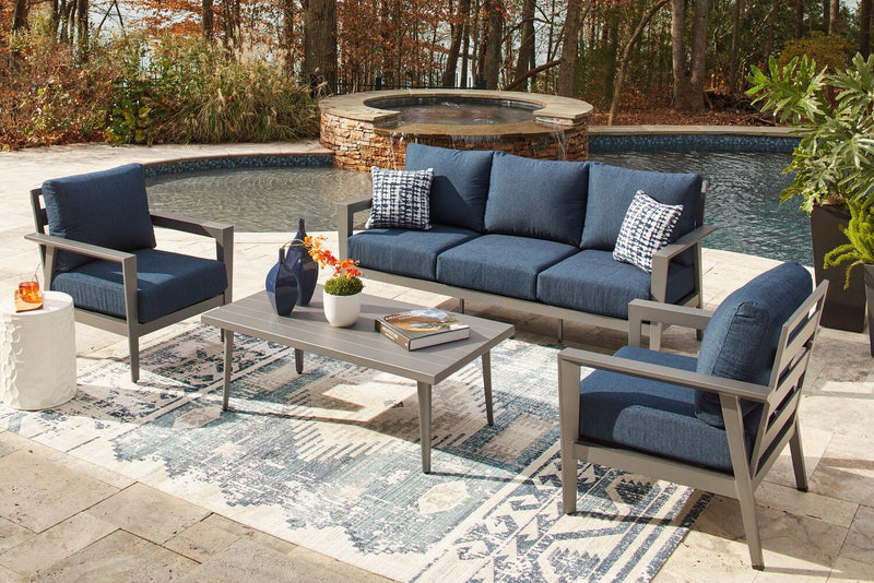 Barrie 4-Piece Outdoor Patio Set with Sofa, 2 Chairs and Table - Aluminum, UV & Weather Resistant  - Blue & Grey