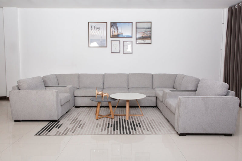 Vault 9-Piece Sectional with Sofa Bed Loveseat, Four Storage Chairs and Storage USB Console - Grey