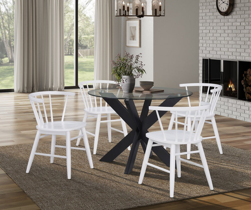 Remi 5pc Dining Set with Table & 4 Spindle-Back Chairs, Glass & Wood, 42\"W Round - Black & White