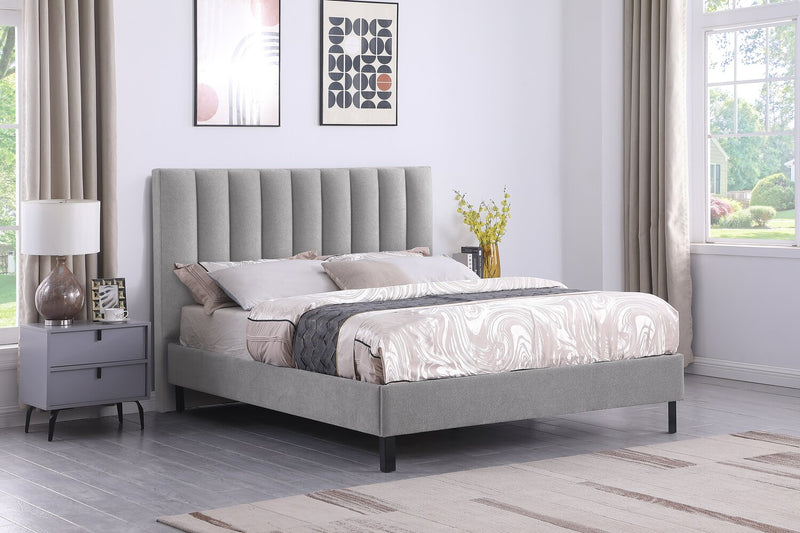 Amos Upholstered Platform Bed in Grey Fabric with Channelled Headboard - Full Size