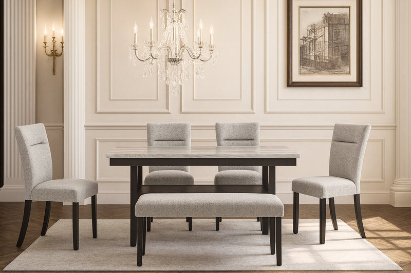 Libra Dining Table with Marble-Look Top & Storage Shelf, 60\"W- Black/Grey