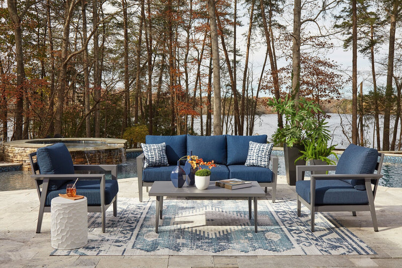 Barrie 4-Piece Outdoor Patio Set with Sofa, 2 Chairs and Table - Aluminum, UV & Weather Resistant  - Blue & Grey