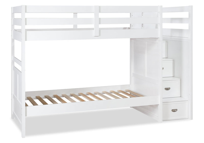 Quinn Bunk Bed with Built-in Staircase Dresser & Guard Rail for Kids, White - Twin/Twin