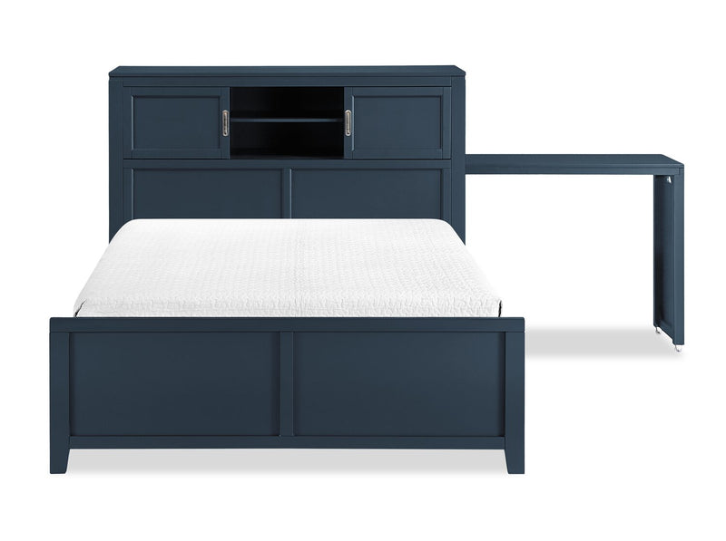 Quinn Platform Bed with Bookcase Headboard, Built-in Desk & Stool, Blue - Full Size