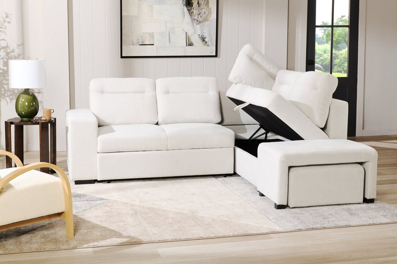 Coast 3-Piece Right-Facing Ivory White Fabric Sleeper Sectional with Storage Chaise and Storage Armrest