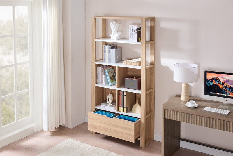 Oscar 36\" Contemporary Bookcase with File Drawer – Weathered White and Faux Marble