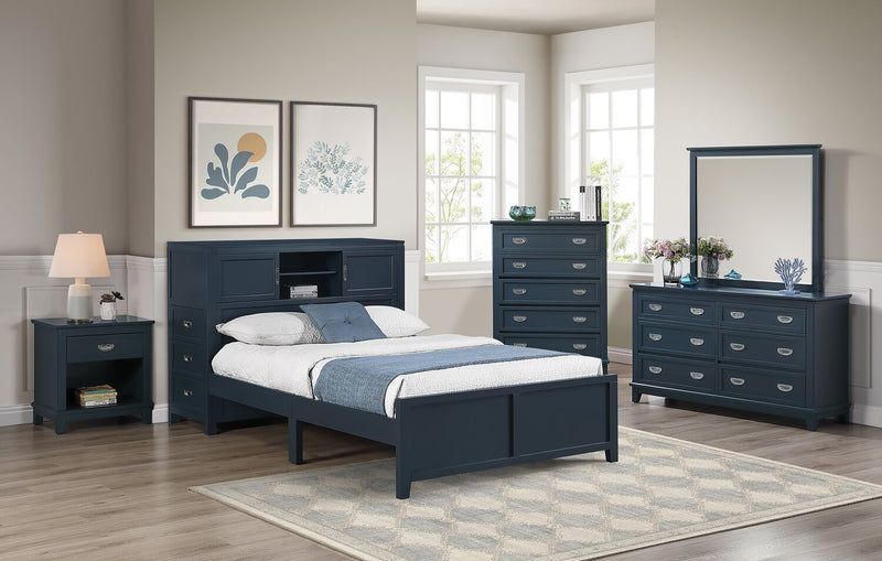 Quinn Platform Bed with Bookcase Headboard, Built-in Desk & Stool, Blue - Full Size