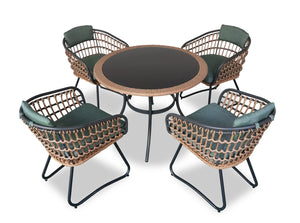 Kort & Co. Ibiza 5-Piece Outdoor Patio Set with Round Table & 4 Chairs - Hand-Woven Resin Wicker, Black Glass Table Top, UV & Weather Resistant - Dark Grey/Natural/Green