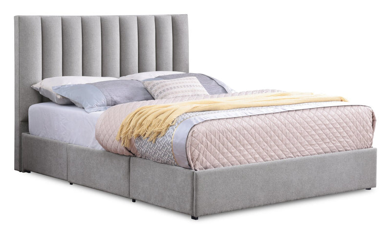 Amos Upholstered Storage Bed Base in Grey Fabric with 3 Built-in Drawers  - Queen Size