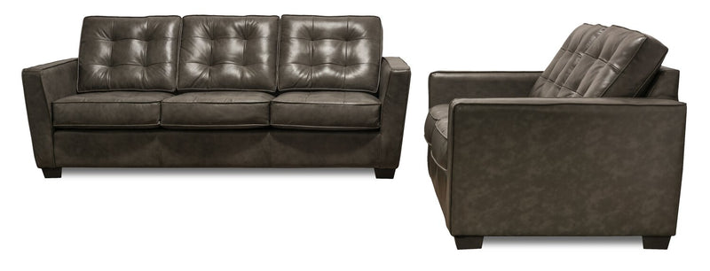 Clark 85\" Genuine Leather Sofa with Button Tufting – Charcoal 