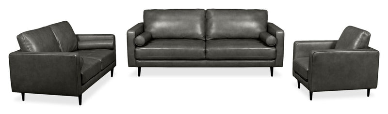 Edge 70\" Genuine Leather Loveseat with Wood Legs and Removable Back Cushions - Grey