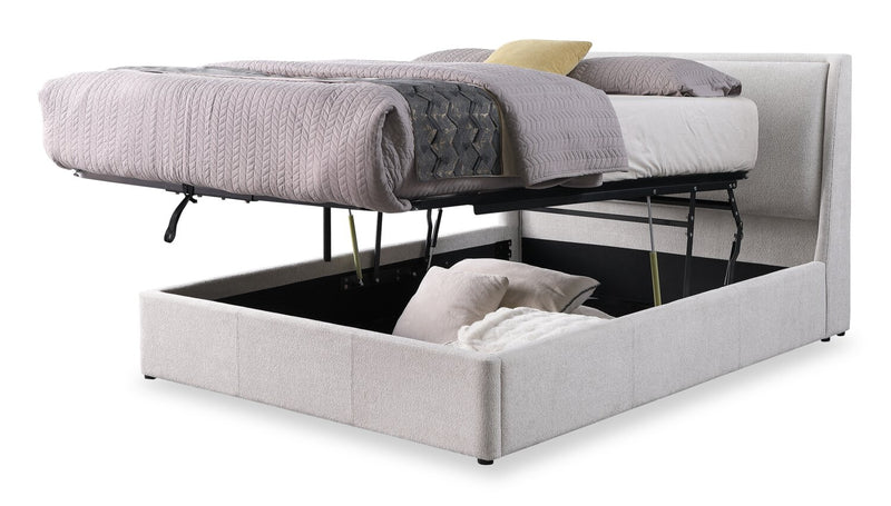 Nico Upholstered Storage Platform Bed in Polyester Taupe Fabric, Hyrdraulic Lift  - King Size