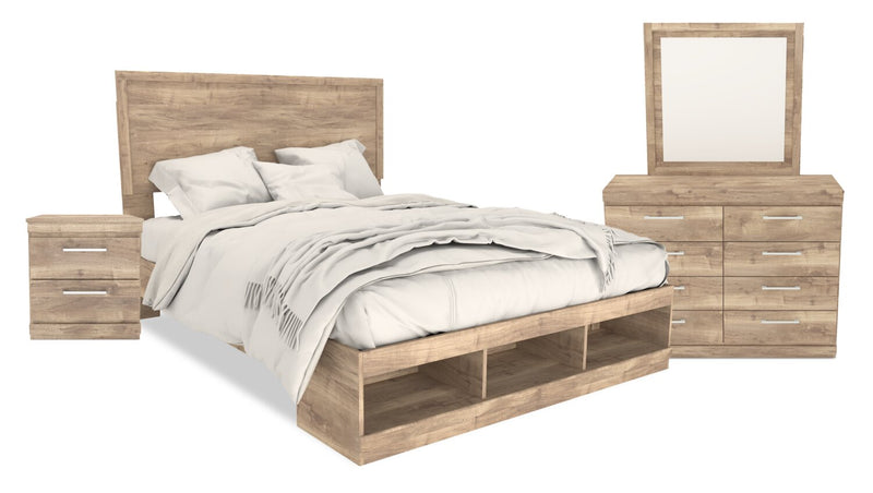 Oakley 6pc Bedroom Set with Storage Bed, Dresser, Mirror & Nightstand, Made in Canada, Natural - Queen Size