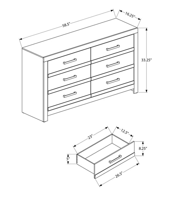 Aspen Bedroom 6-Drawer Dresser, 59\"W x 33\"H - Grey