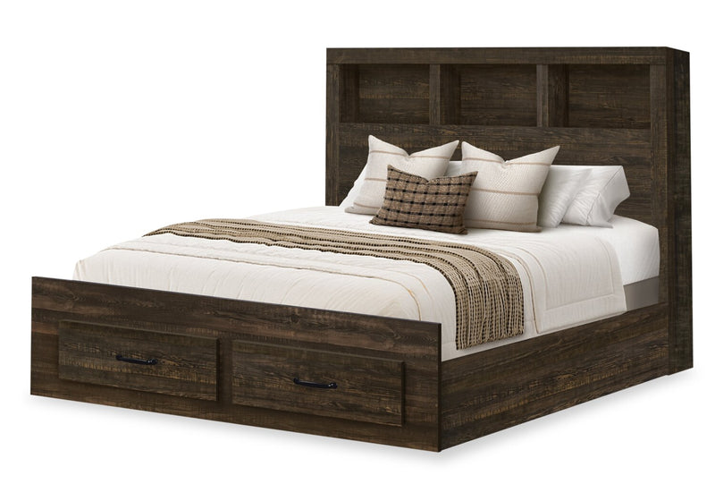 Ethan Storage Bed with Bookcase Headboard, Rustic Brown - Queen Size
