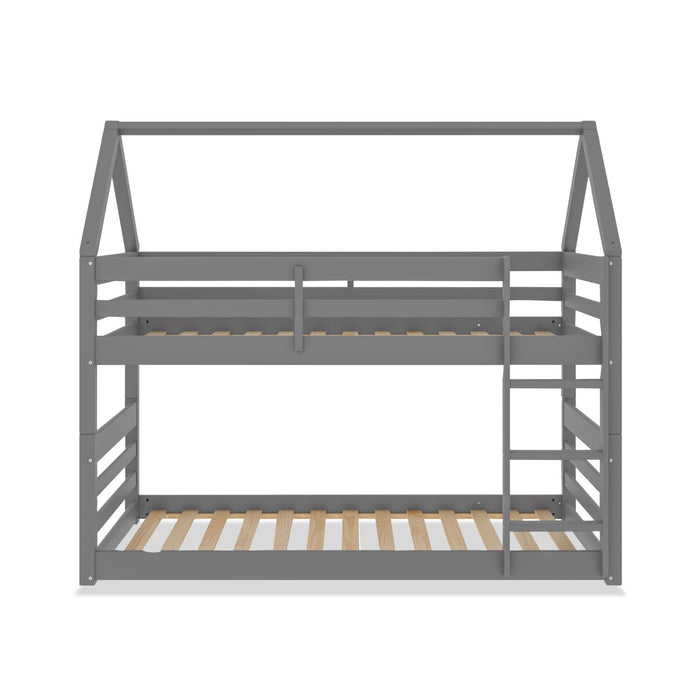 Gemma Twin Over Twin House Bunk Bed with Roof, Built-in Ladder & Guardrails for Kids - Grey